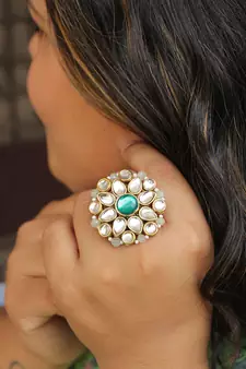 Green Kundan Flower Ring