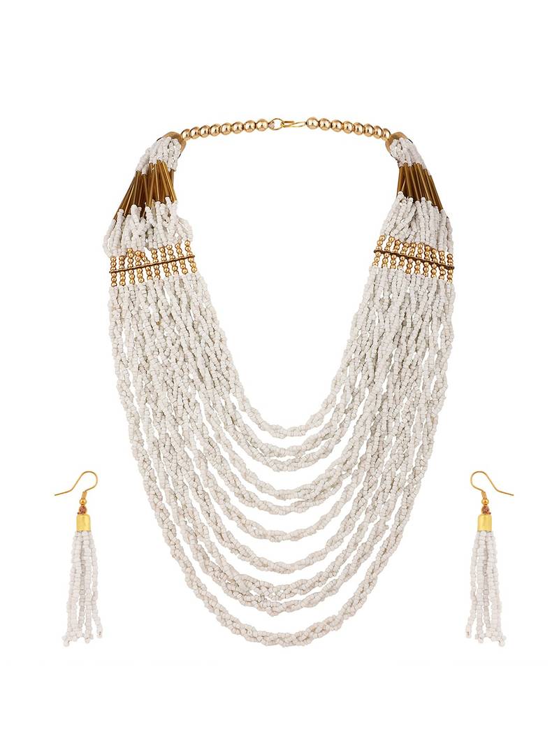 Contemporary White Colored Beads Gold Plated Heavy Layered Necklace Set with Earring for Women and Girls.