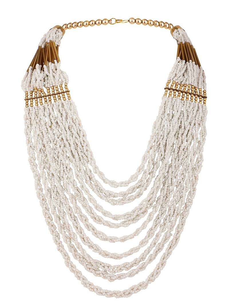 Contemporary White Colored Beads Gold Plated Heavy Layered Necklace Set with Earring for Women and Girls.