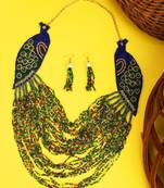 Statement Peacock Shaped Beads Studded Heavy Long Neclace Set with Earring for Women and Girls