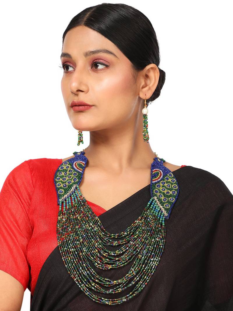 Statement Peacock Shaped Beads Studded Heavy Long Neclace Set with Earring for Women and Girls