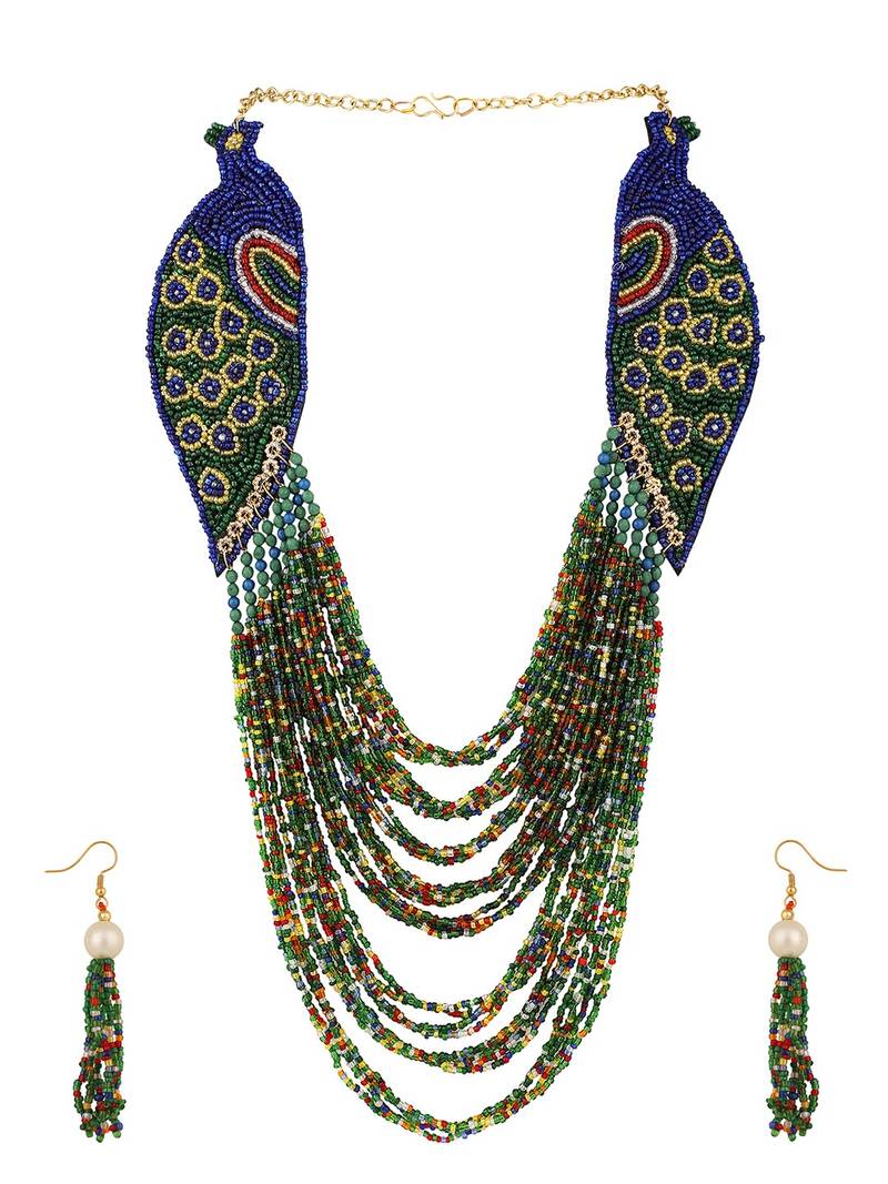 Statement Peacock Shaped Beads Studded Heavy Long Neclace Set with Earring for Women and Girls