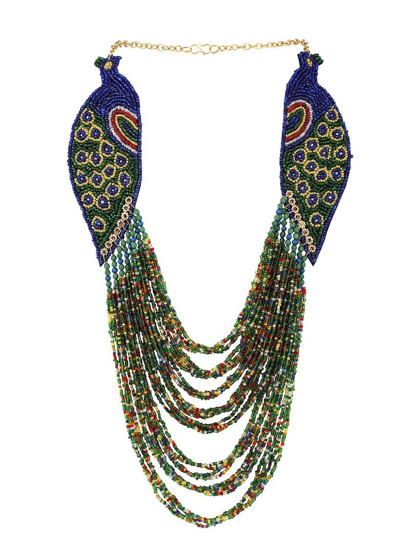 Statement Peacock Shaped Beads Studded Heavy Long Neclace Set with Earring for Women and Girls