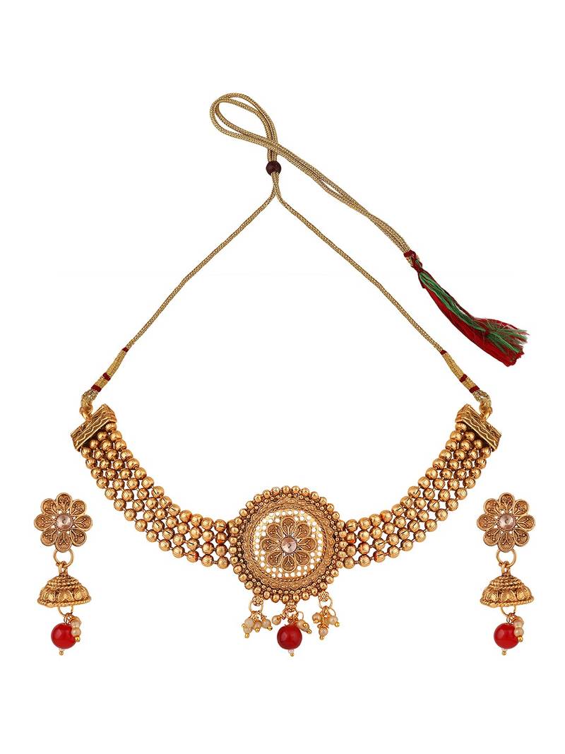 Ethnic Gold Plated Floral Intricate Design with Stone and Pearl Studded Choker Set with Earring for Girls and Women.
