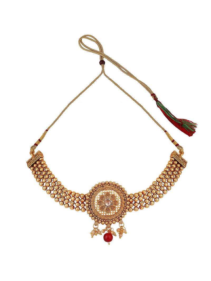 Ethnic Gold Plated Floral Intricate Design with Stone and Pearl Studded Choker Set with Earring for Girls and Women.