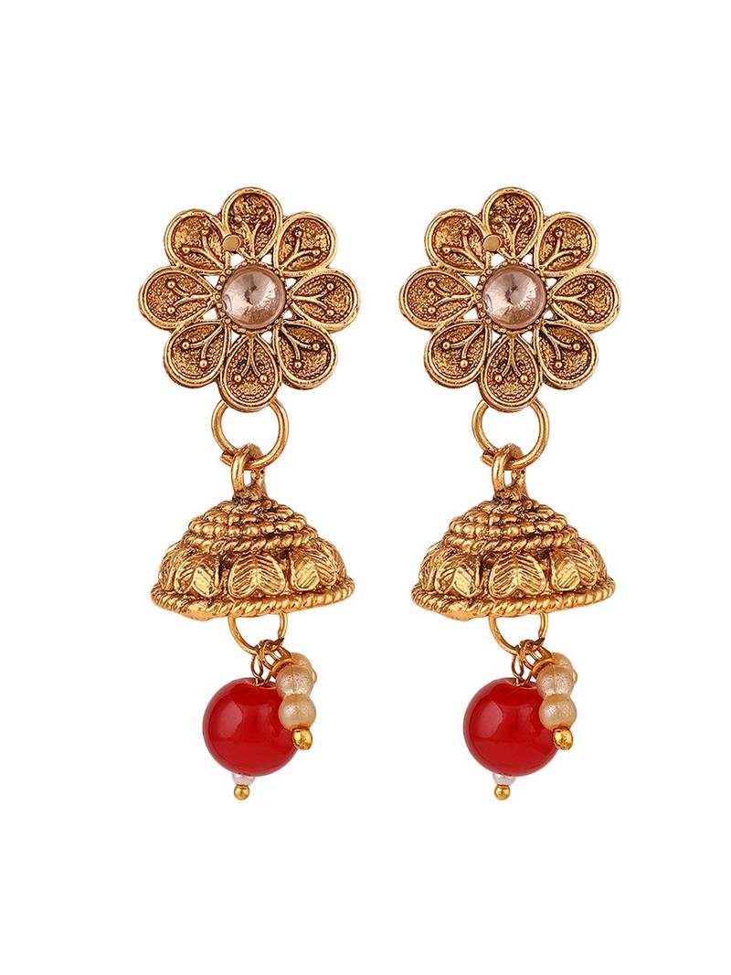 Ethnic Gold Plated Floral Intricate Design with Stone and Pearl Studded Choker Set with Earring for Girls and Women.