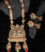 Traditional Gold Plated Intricate Design Long Necklace Set with Stone and Pearl Studded Necklace Set for Girls and Women