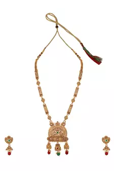 Traditional Gold Plated Intricate Design Long Necklace Set with Stone and Pearl Studded Necklace Set for Girls and Women