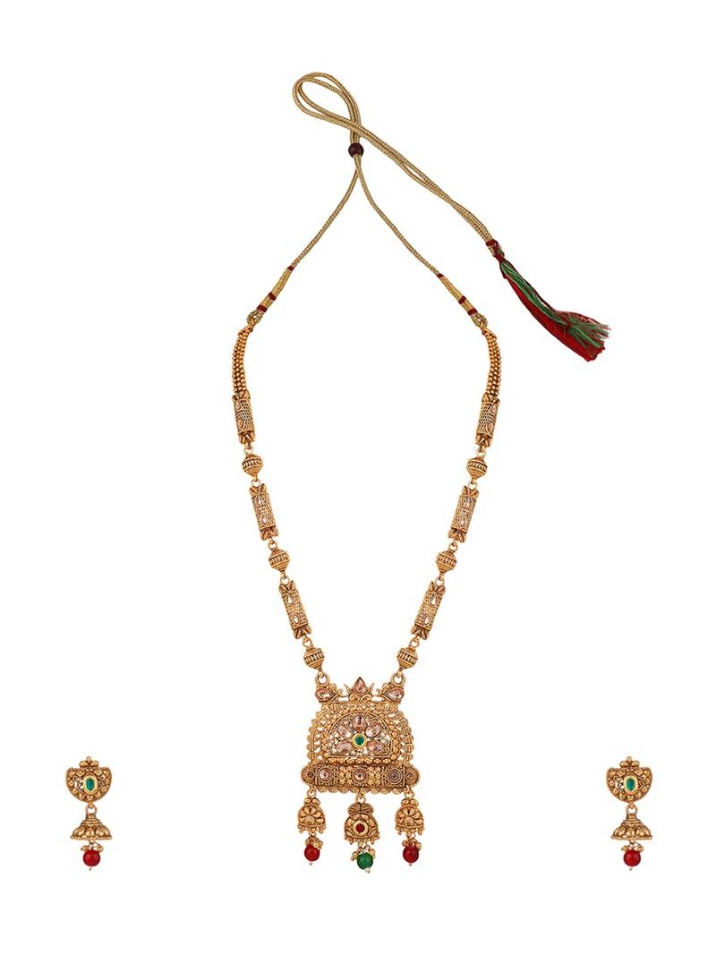Traditional Gold Plated Intricate Design Long Necklace Set with Stone and Pearl Studded Necklace Set for Girls and Women