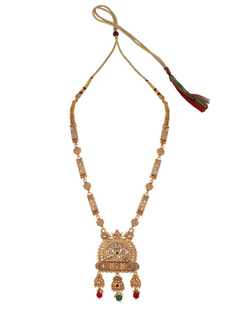 Traditional Gold Plated Intricate Design Long Necklace Set with Stone and Pearl Studded Necklace Set for Girls and Women