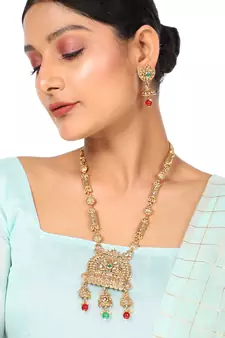 Traditional Gold Plated Intricate Design Long Necklace Set with Stone and Pearl Studded Necklace Set for Girls and Women