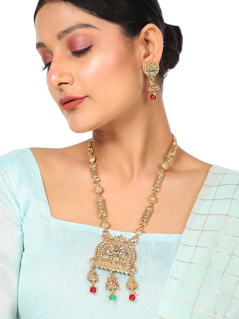 Traditional Gold Plated Intricate Design Long Necklace Set with Stone and Pearl Studded Necklace Set for Girls and Women