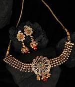 Statement Gold Plated Floral Design with Stone and Pearl Studded Choker Set with Earring for Girls and Women.