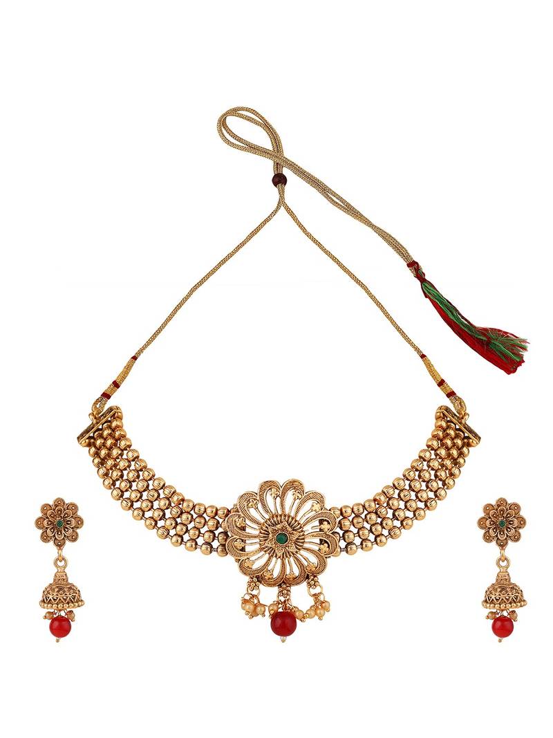 Statement Gold Plated Floral Design with Stone and Pearl Studded Choker Set with Earring for Girls and Women.