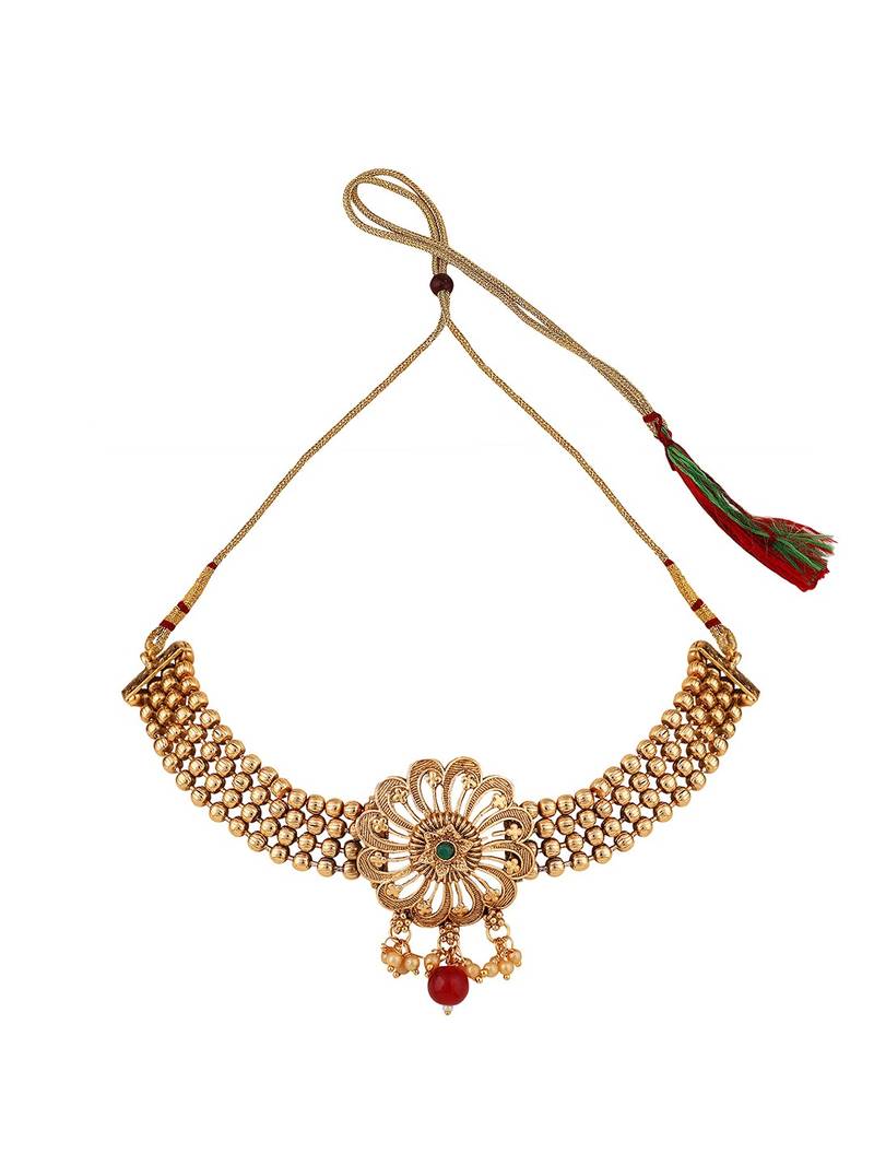 Statement Gold Plated Floral Design with Stone and Pearl Studded Choker Set with Earring for Girls and Women.