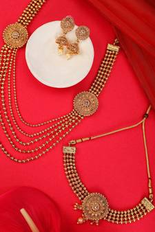 Statement Ethnic Round shaped Gold Plated Pearl and Stone Studded Intricate Design Long Layered Necklace  Set