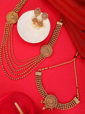 Statement Ethnic Round shaped Gold Plated Pearl and Stone Studded Intricate Design Long Layered Necklace  Set 1