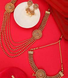 Statement Ethnic Round shaped Gold Plated Pearl and Stone Studded Intricate Design Long Layered Necklace  Set