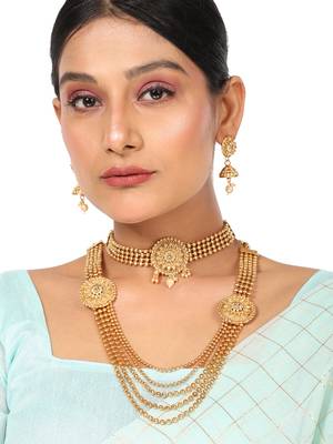 Statement Ethnic Round shaped Gold Plated Pearl and Stone Studded Intricate Design Long Layered Necklace  Set 2