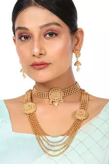 Statement Ethnic Round shaped Gold Plated Pearl and Stone Studded Intricate Design Long Layered Necklace  Set