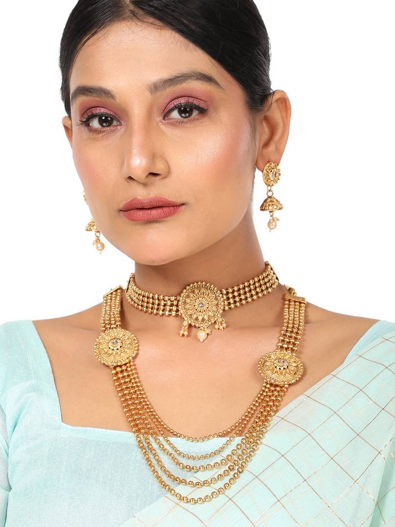 Statement Ethnic Round shaped Gold Plated Pearl and Stone Studded Intricate Design Long Layered Necklace  Set