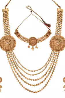 Statement Ethnic Round shaped Gold Plated Pearl and Stone Studded Intricate Design Long Layered Necklace  Set