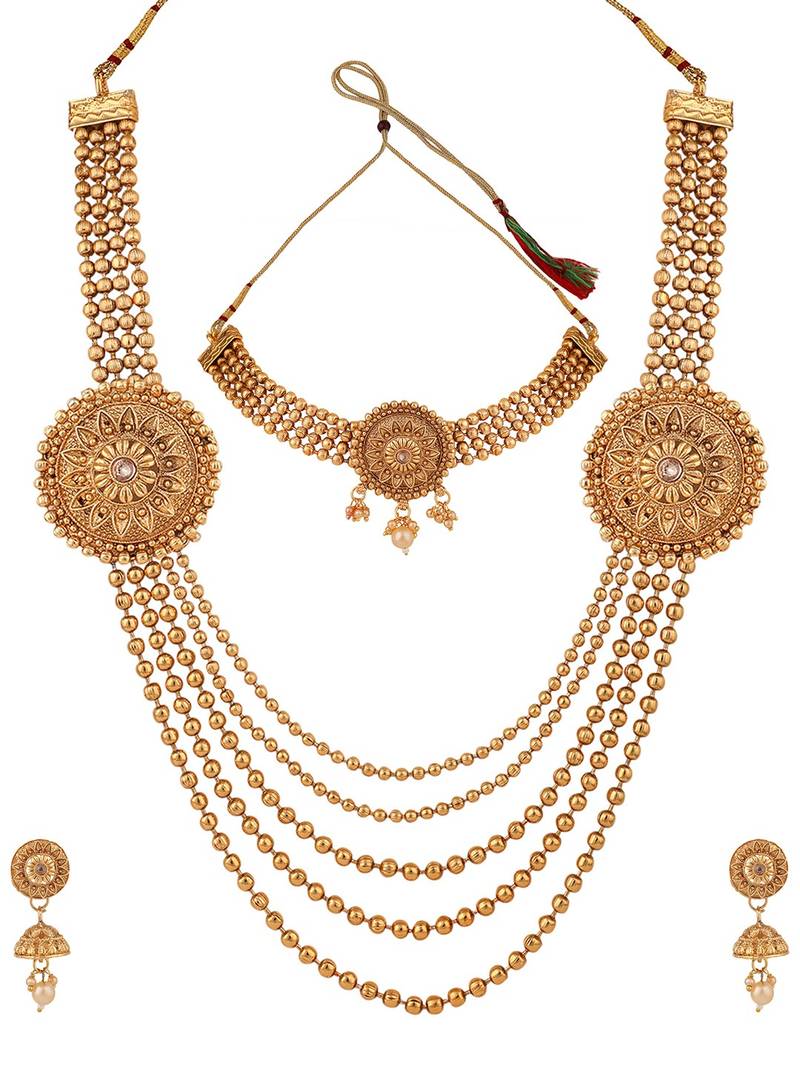 Statement Ethnic Round shaped Gold Plated Pearl and Stone Studded Intricate Design Long Layered Necklace  Set