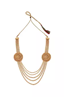 Statement Ethnic Round shaped Gold Plated Pearl and Stone Studded Intricate Design Long Layered Necklace  Set