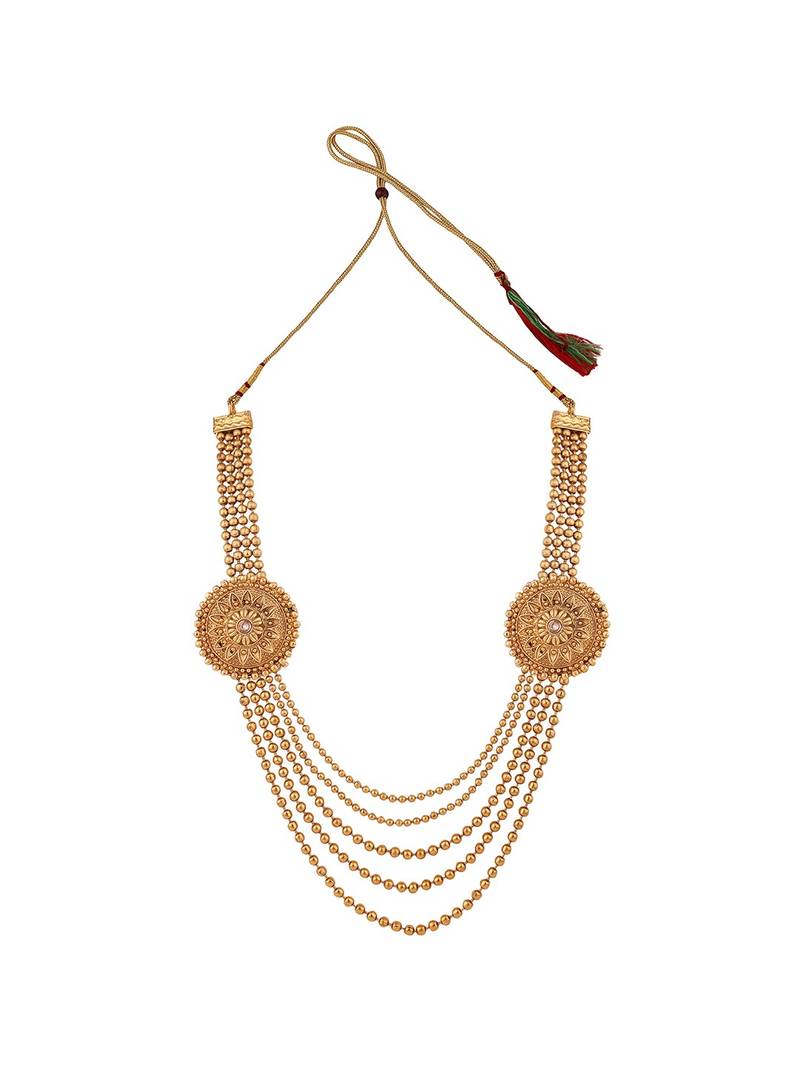 Statement Ethnic Round shaped Gold Plated Pearl and Stone Studded Intricate Design Long Layered Necklace  Set