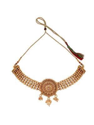 Statement Ethnic Round shaped Gold Plated Pearl and Stone Studded Intricate Design Long Layered Necklace  Set 5