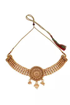 Statement Ethnic Round shaped Gold Plated Pearl and Stone Studded Intricate Design Long Layered Necklace  Set