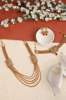 Statement Traditional Gold Plated Square shaped Pearl and Stone Studded Heavy Intricate Design Long Layered Necklace Set