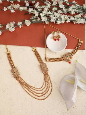 Statement Traditional Gold Plated Square shaped Pearl and Stone Studded Heavy Intricate Design Long Layered Necklace Set 1