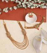 Statement Traditional Gold Plated Square shaped Pearl and Stone Studded Heavy Intricate Design Long Layered Necklace Set