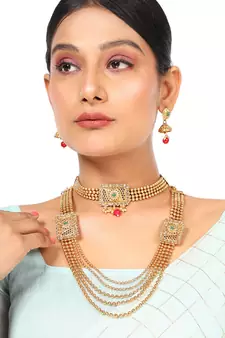 Statement Traditional Gold Plated Square shaped Pearl and Stone Studded Heavy Intricate Design Long Layered Necklace Set