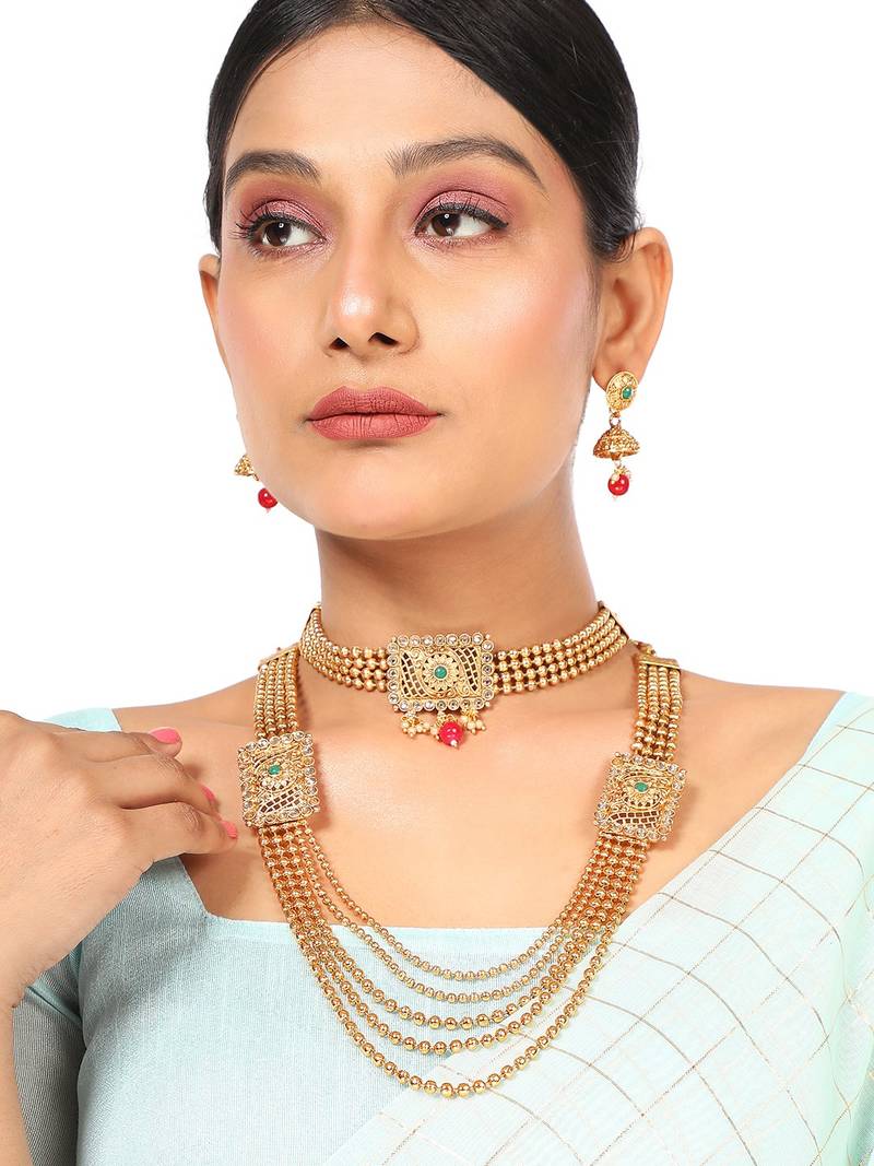 Statement Traditional Gold Plated Square shaped Pearl and Stone Studded Heavy Intricate Design Long Layered Necklace Set