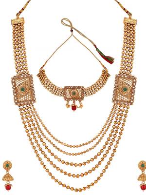 Statement Traditional Gold Plated Square shaped Pearl and Stone Studded Heavy Intricate Design Long Layered Necklace Set 4