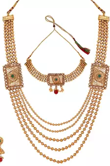 Statement Traditional Gold Plated Square shaped Pearl and Stone Studded Heavy Intricate Design Long Layered Necklace Set
