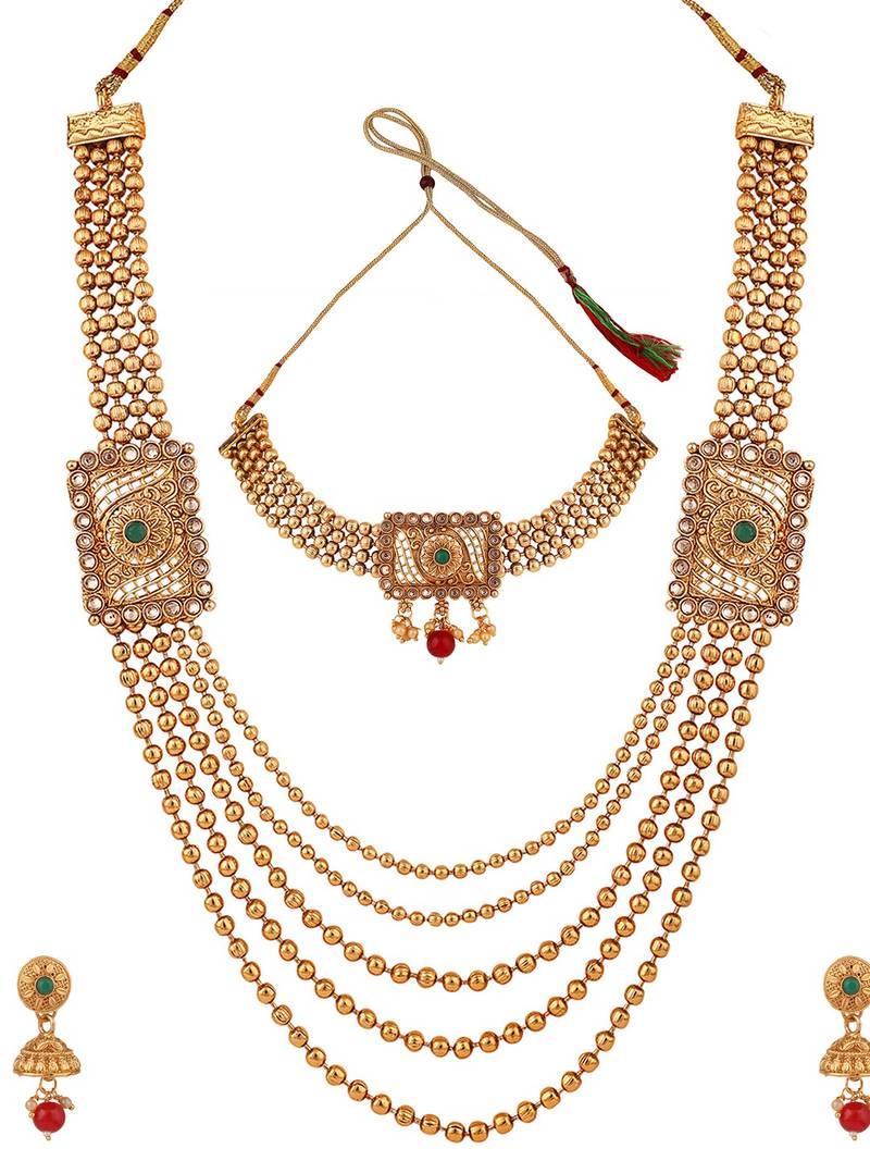 Statement Traditional Gold Plated Square shaped Pearl and Stone Studded Heavy Intricate Design Long Layered Necklace Set