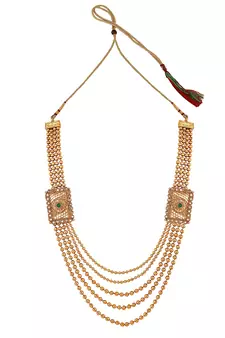 Statement Traditional Gold Plated Square shaped Pearl and Stone Studded Heavy Intricate Design Long Layered Necklace Set
