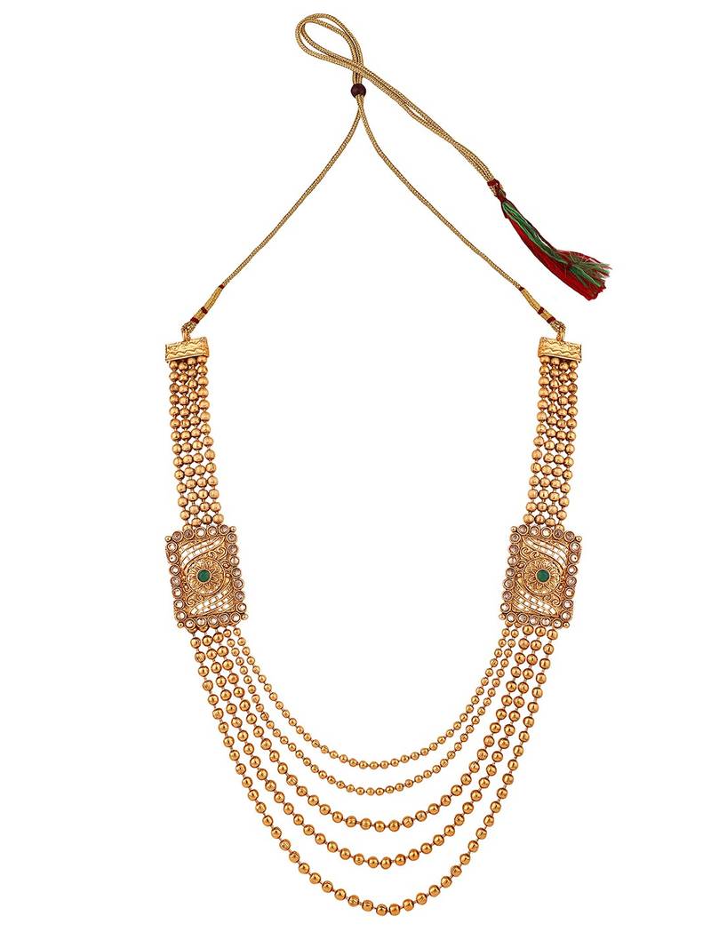 Statement Traditional Gold Plated Square shaped Pearl and Stone Studded Heavy Intricate Design Long Layered Necklace Set