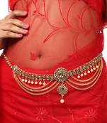 Traditinal Gold Plated Antique Colored Stone and White Pearl Studded Floral Design Three line Chain Hanging Kamarbandh