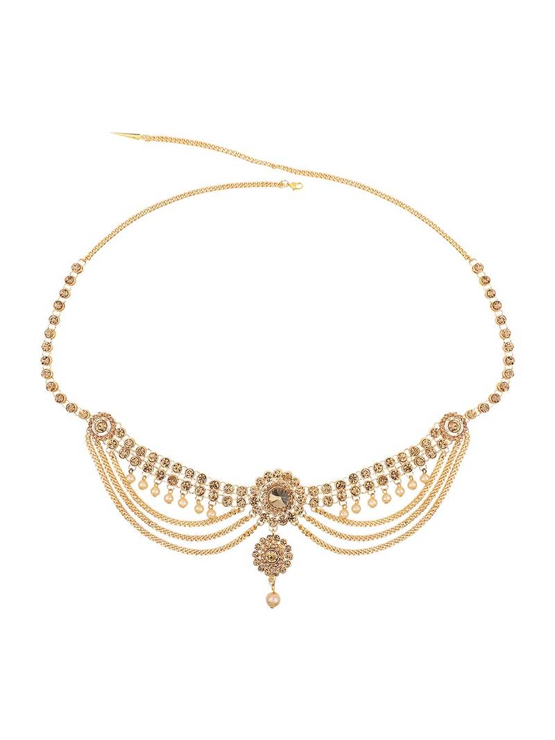 Traditinal Gold Plated Antique Colored Stone and White Pearl Studded Floral Design Three line Chain Hanging Kamarbandh