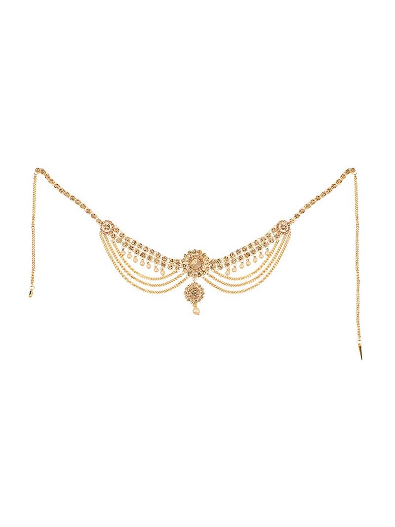 Traditinal Gold Plated Antique Colored Stone and White Pearl Studded Floral Design Three line Chain Hanging Kamarbandh