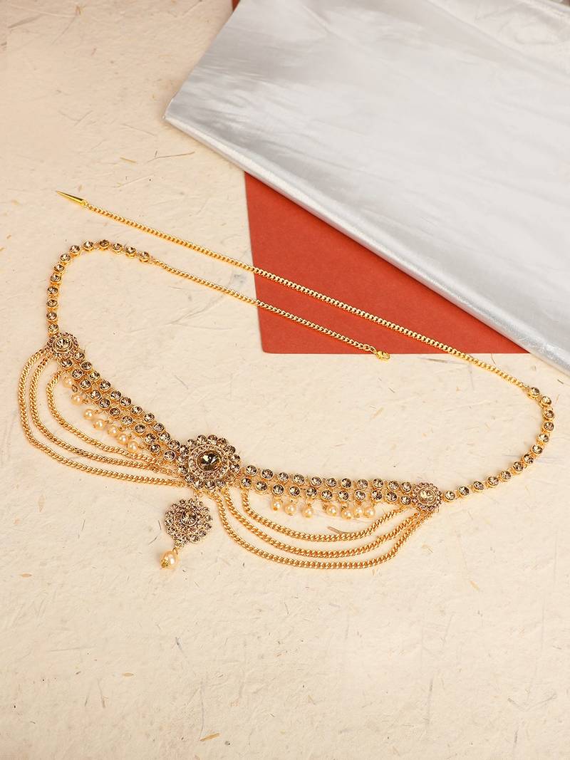 Traditinal Gold Plated Antique Colored Stone and White Pearl Studded Floral Design Three line Chain Hanging Kamarbandh