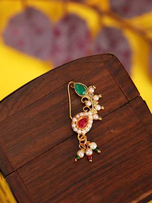 Ethnic Gold Plated Multicolor Stone and Pearl Studded Maharashtran Nath or Nose Ring for Girls and Women. 1