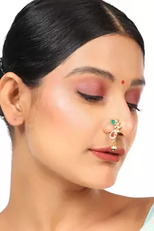 Ethnic Gold Plated Multicolor Stone and Pearl Studded Maharashtran Nath or Nose Ring for Girls and Women.