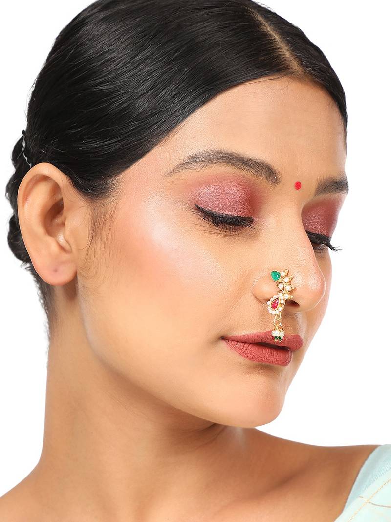 Ethnic Gold Plated Multicolor Stone and Pearl Studded Maharashtran Nath or Nose Ring for Girls and Women.
