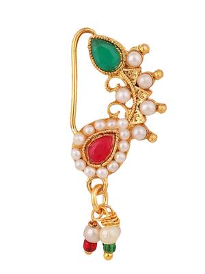 Ethnic Gold Plated Multicolor Stone and Pearl Studded Maharashtran Nath or Nose Ring for Girls and Women. 3