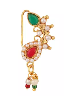Ethnic Gold Plated Multicolor Stone and Pearl Studded Maharashtran Nath or Nose Ring for Girls and Women.